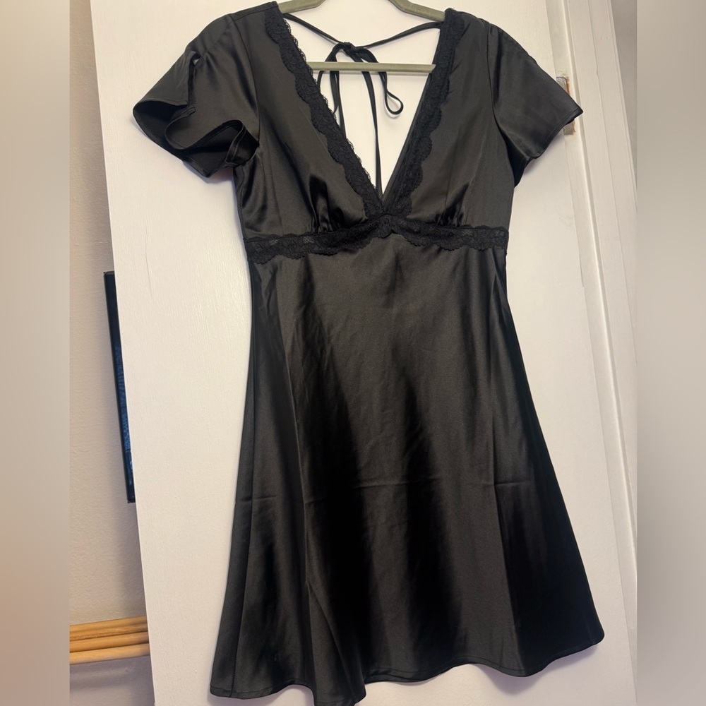 La Hearts Black Satin Mini with Lace Detail